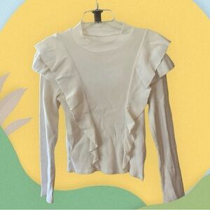 Pipes & Shaw Veronica Beard White Cotton Ruffle Long Sleeve Crewneck Top, Sz S